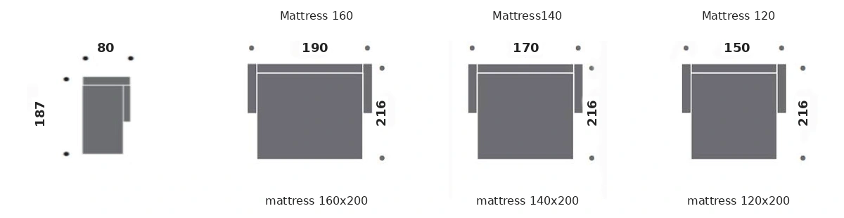 Dimension drawing of sofa bed Brooklyn — open bed