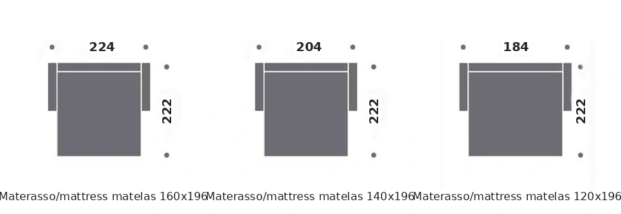 Dimension drawing of sofa bed Horizon — open bed
