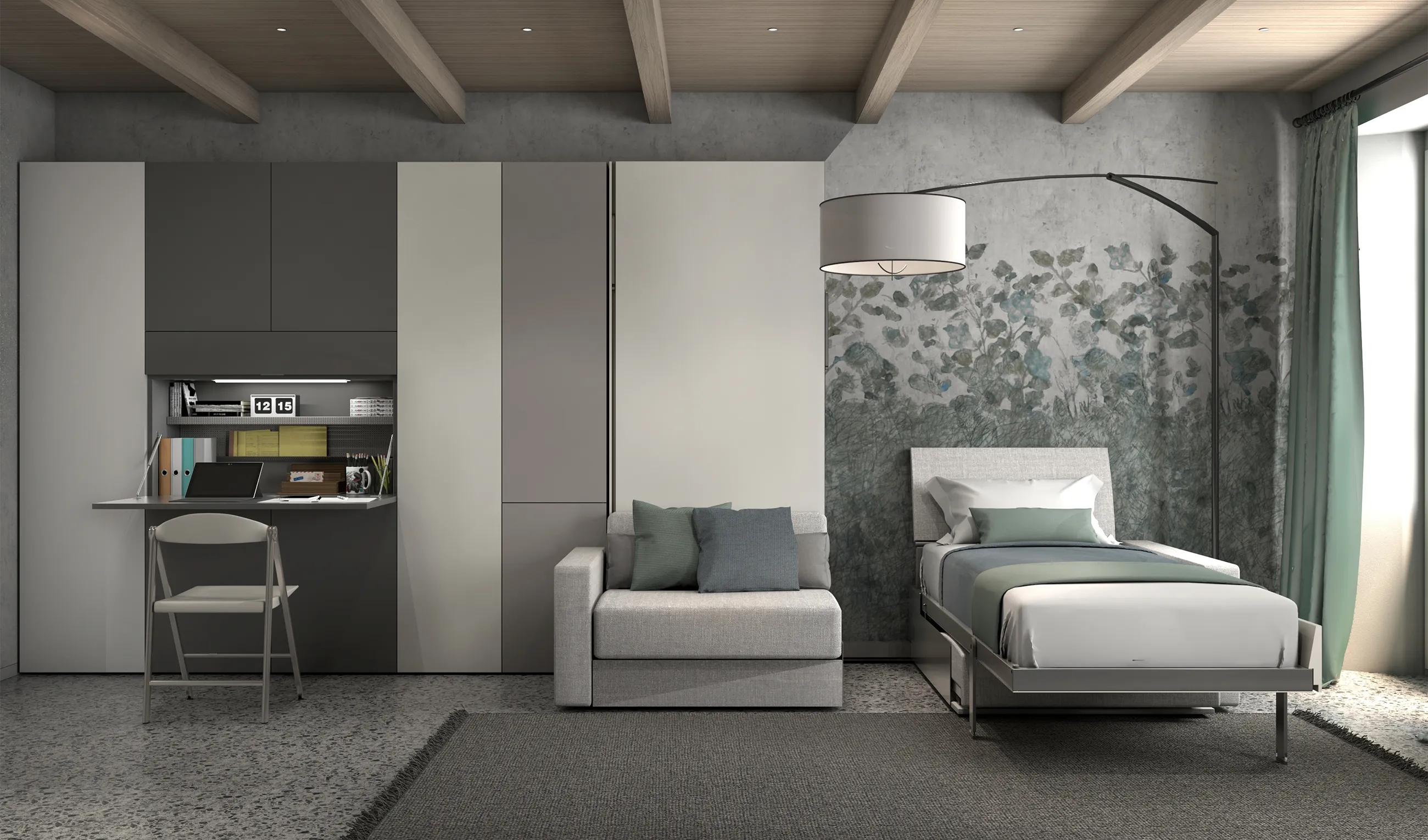 Transforming furniture in a multifunctional space — 25 m² studio with Ella & Louis — Room view 04