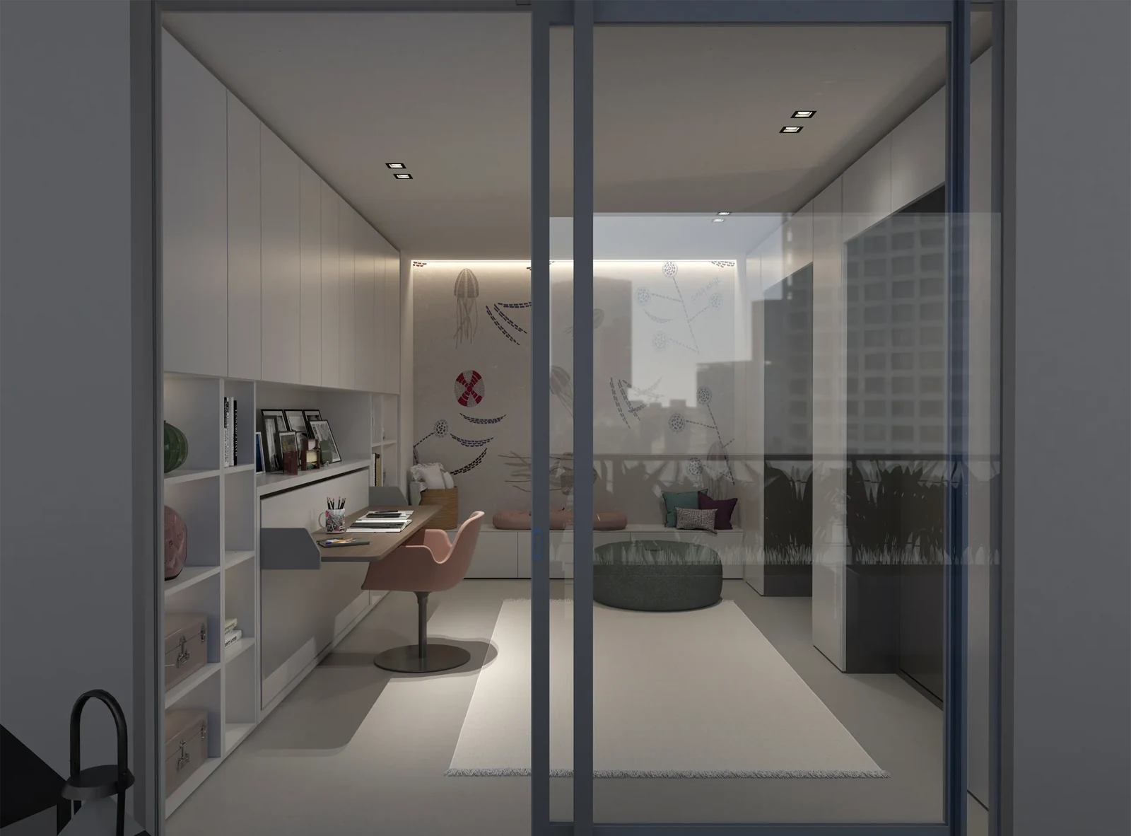 Room 01 · Space to study and rest — Study desk open with the centre of the room free