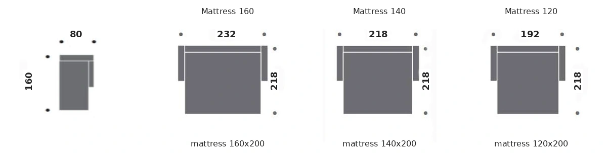 Dimension drawing of sofa bed Allure — open bed