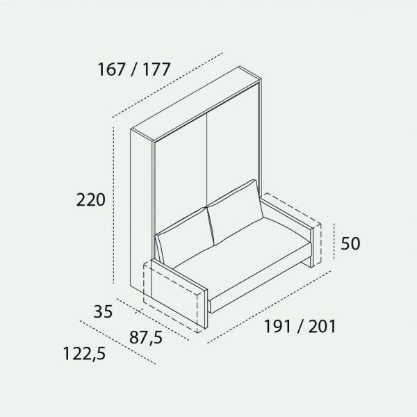 Dimension drawing of double wall bed Penelope 2 Sofa — drawing 1