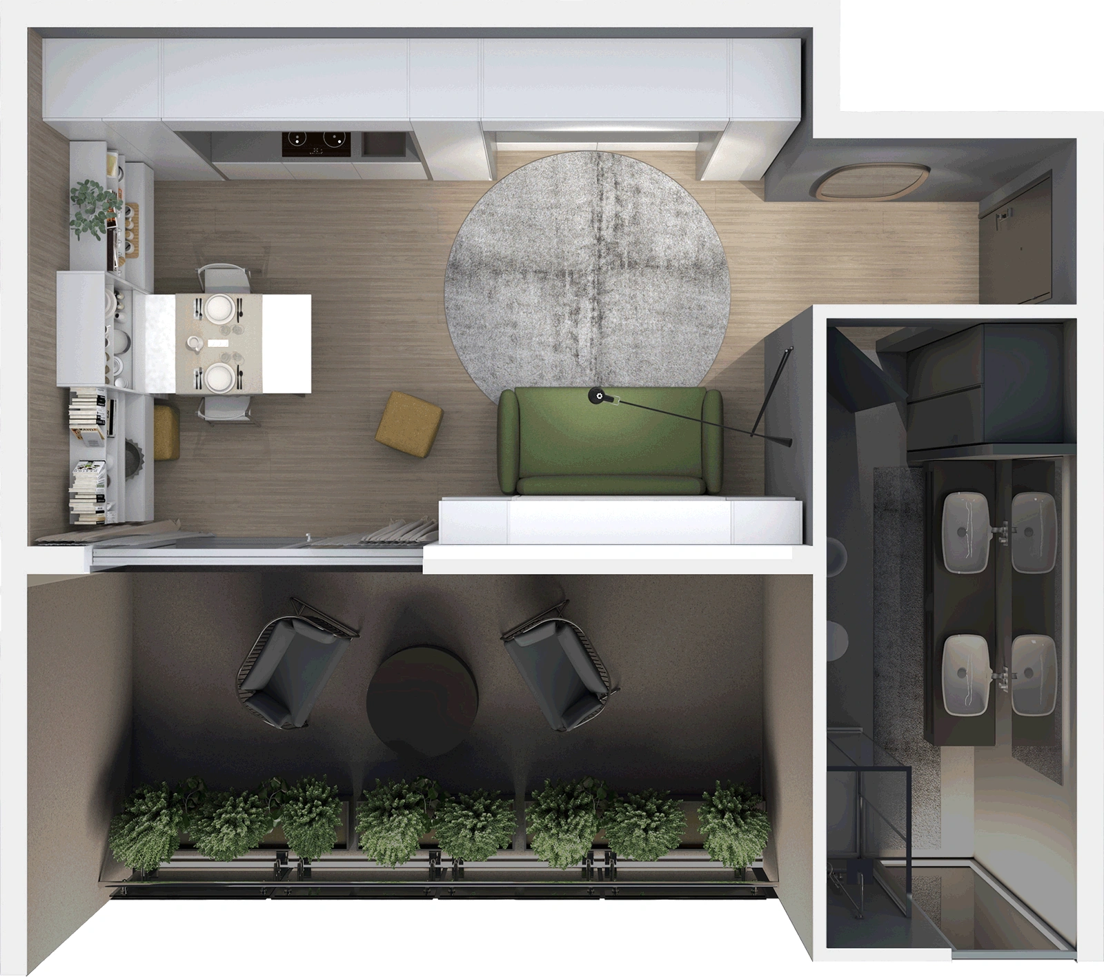 Room plan — 25 m² studio with Minerva — Day mode