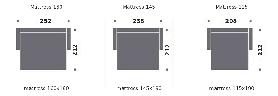 Dimension drawing of sofa bed Chesterfield — open bed