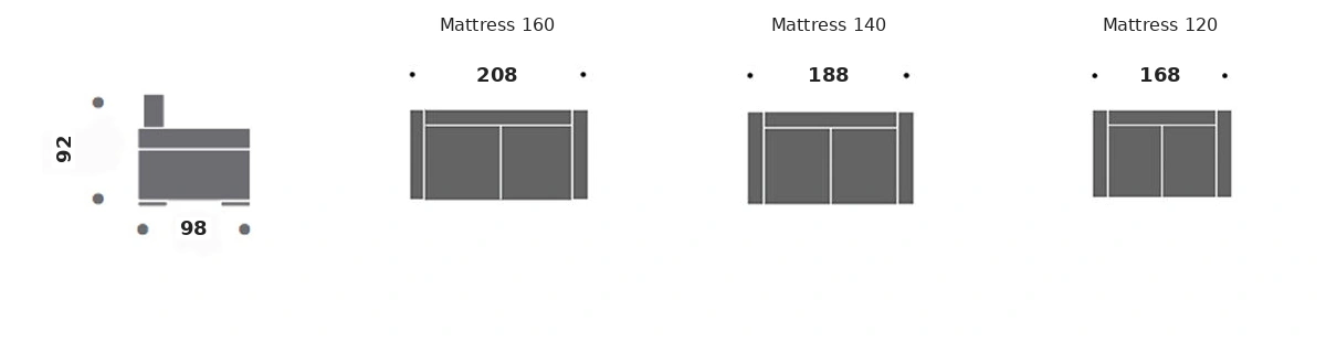 Dimension drawing of sofa bed Foch H 18 — closed sofa, side view