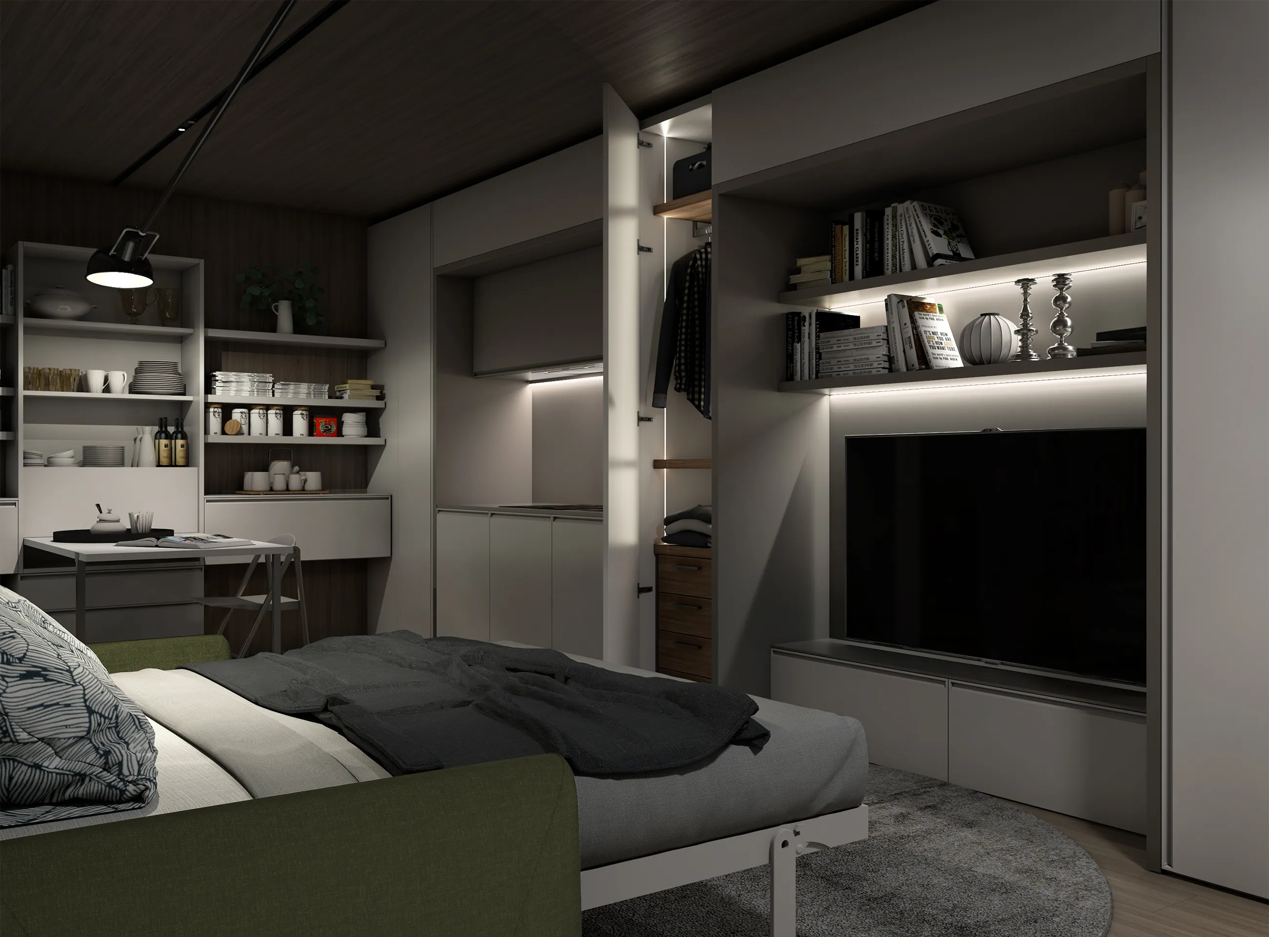 Transforming furniture in a multifunctional space — 25 m² studio with Minerva — Room view 07