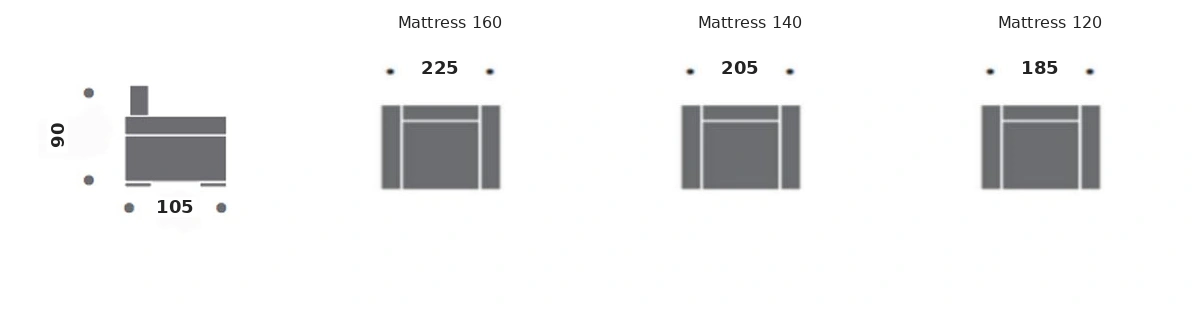 Dimension drawing of sofa bed Bordeaux — closed sofa, side view