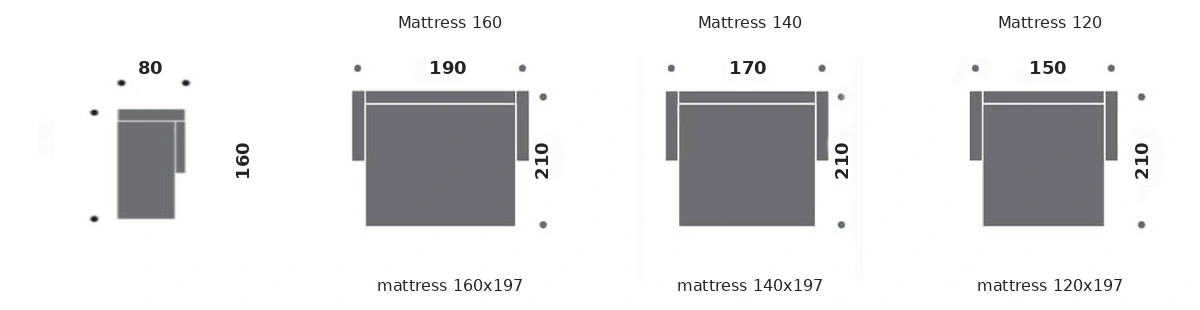 Dimension drawing of sofa bed Alma 18 — open bed