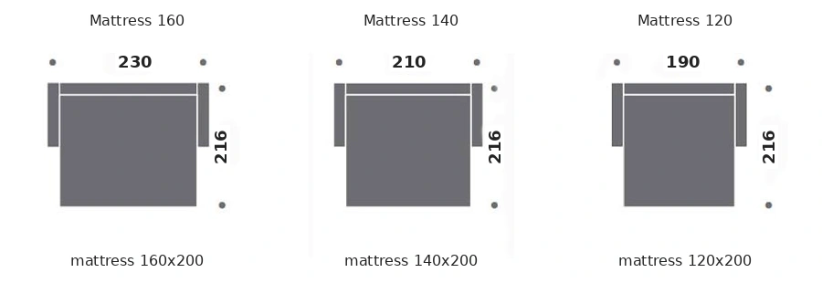 Dimension drawing of sofa bed Norway — open bed