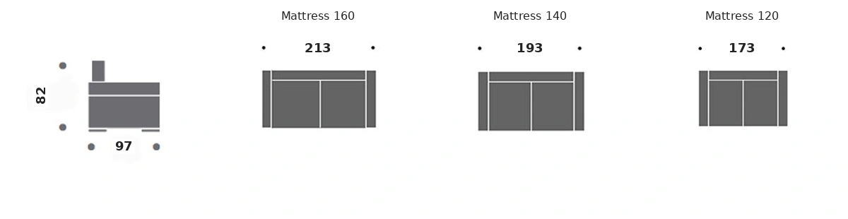 Dimension drawing of sofa bed New Prado — closed sofa, side view