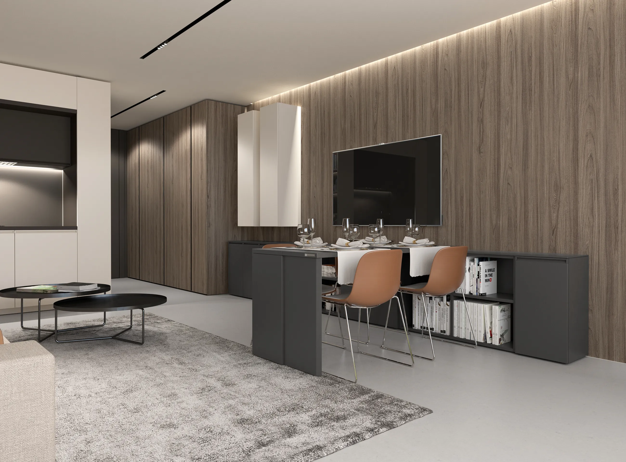 Transforming furniture in a multifunctional space — 30 m² city apartment — Room view 06