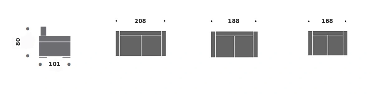 Dimension drawing of sofa bed Bauhaus — closed sofa, side view