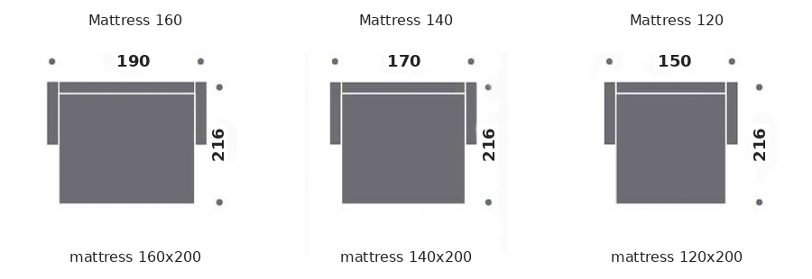 Dimension drawing of sofa bed Florence — open bed