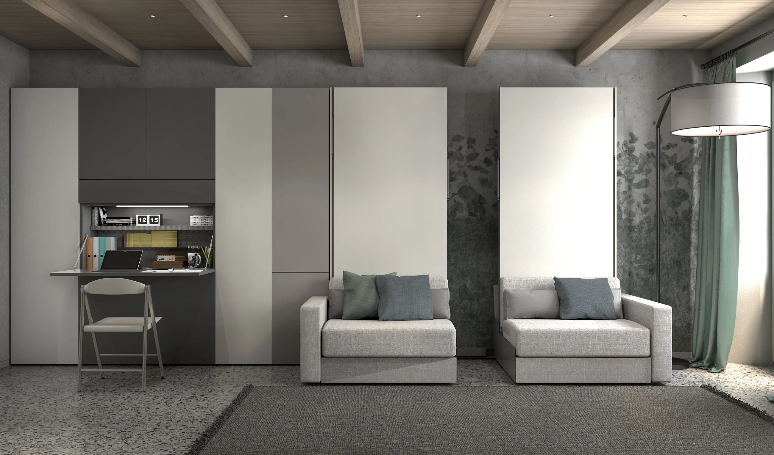 Transforming furniture in a multifunctional space — 25 m² studio with Ella & Louis — Room view 03