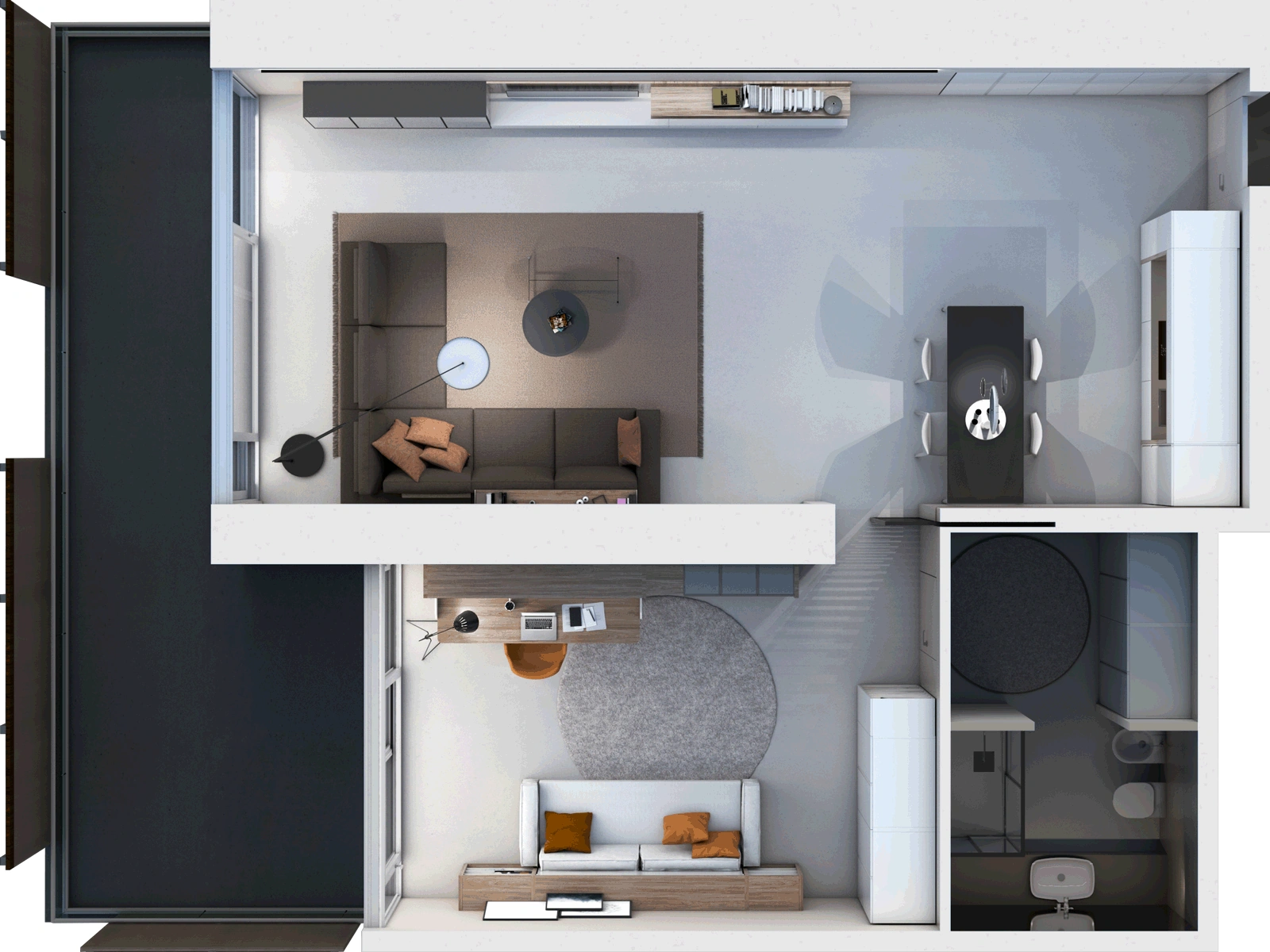 Room plan — 50 m² family apartment — Day mode