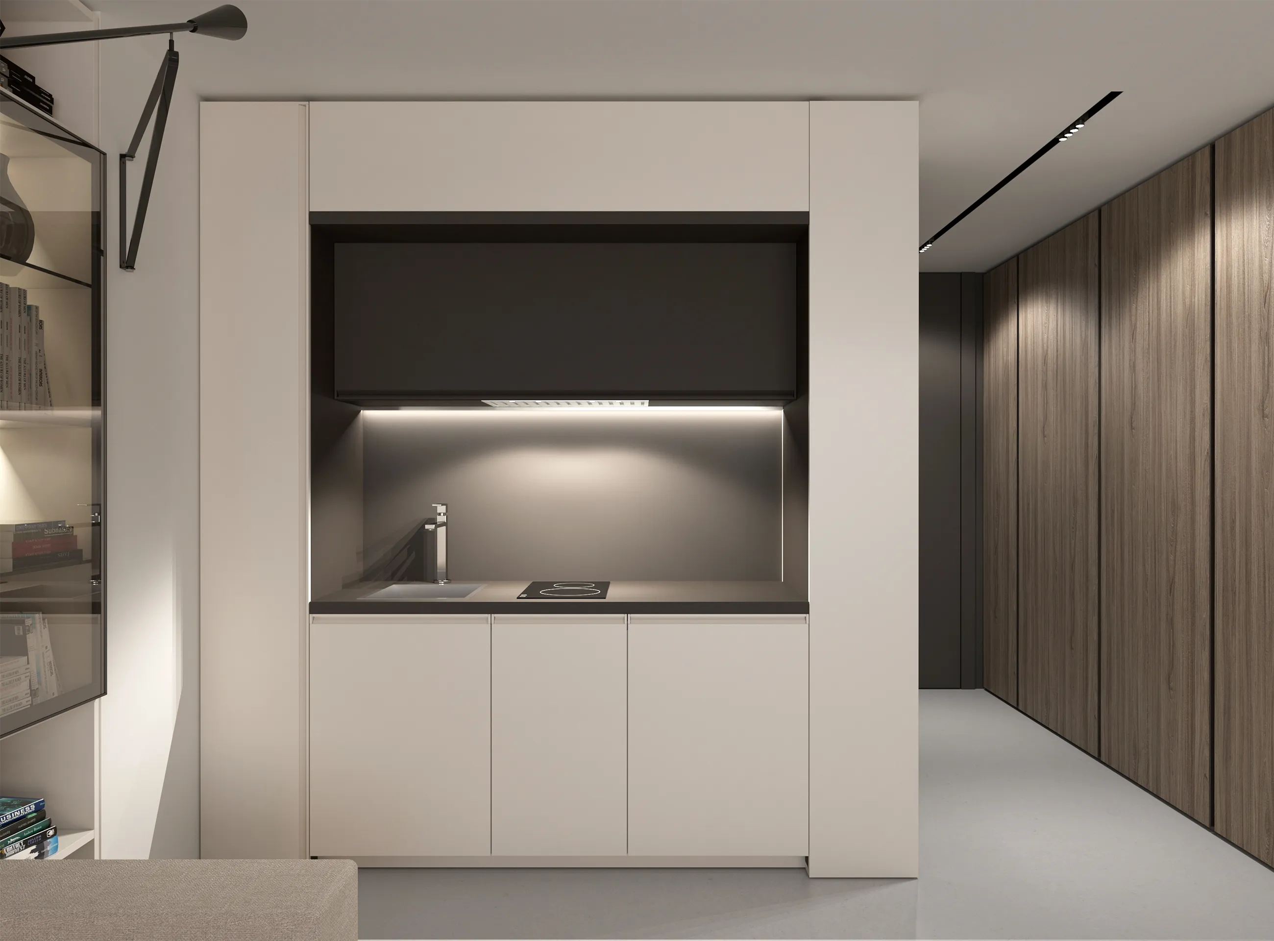 Transforming furniture in a multifunctional space — 30 m² city apartment — Room view 04