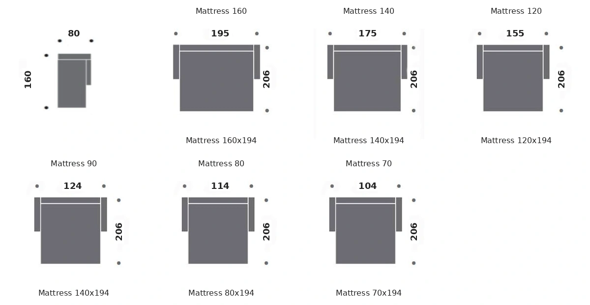 Dimension drawing of sofa bed Charleston — open bed