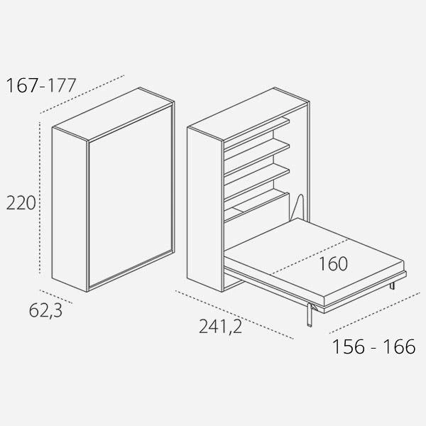 Penelope wall bed dimension drawing at 62.3 cm depth