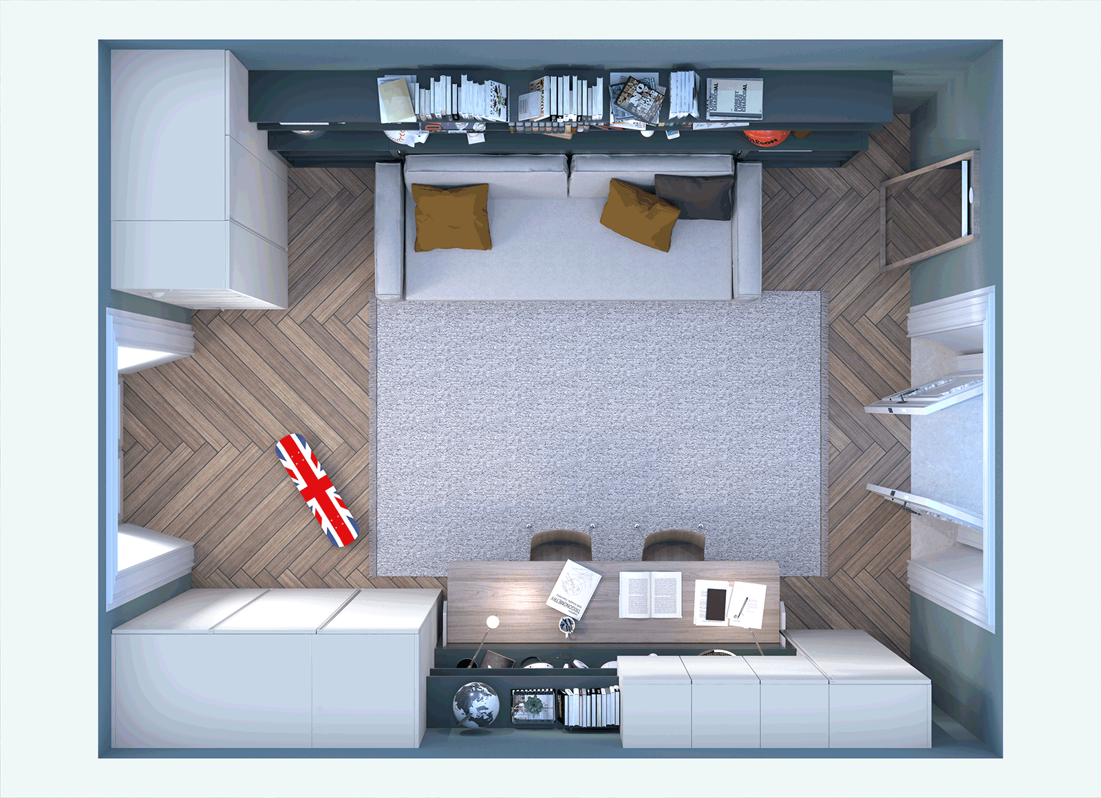 Room plan — Room 02 · Work, relax and host — Day mode