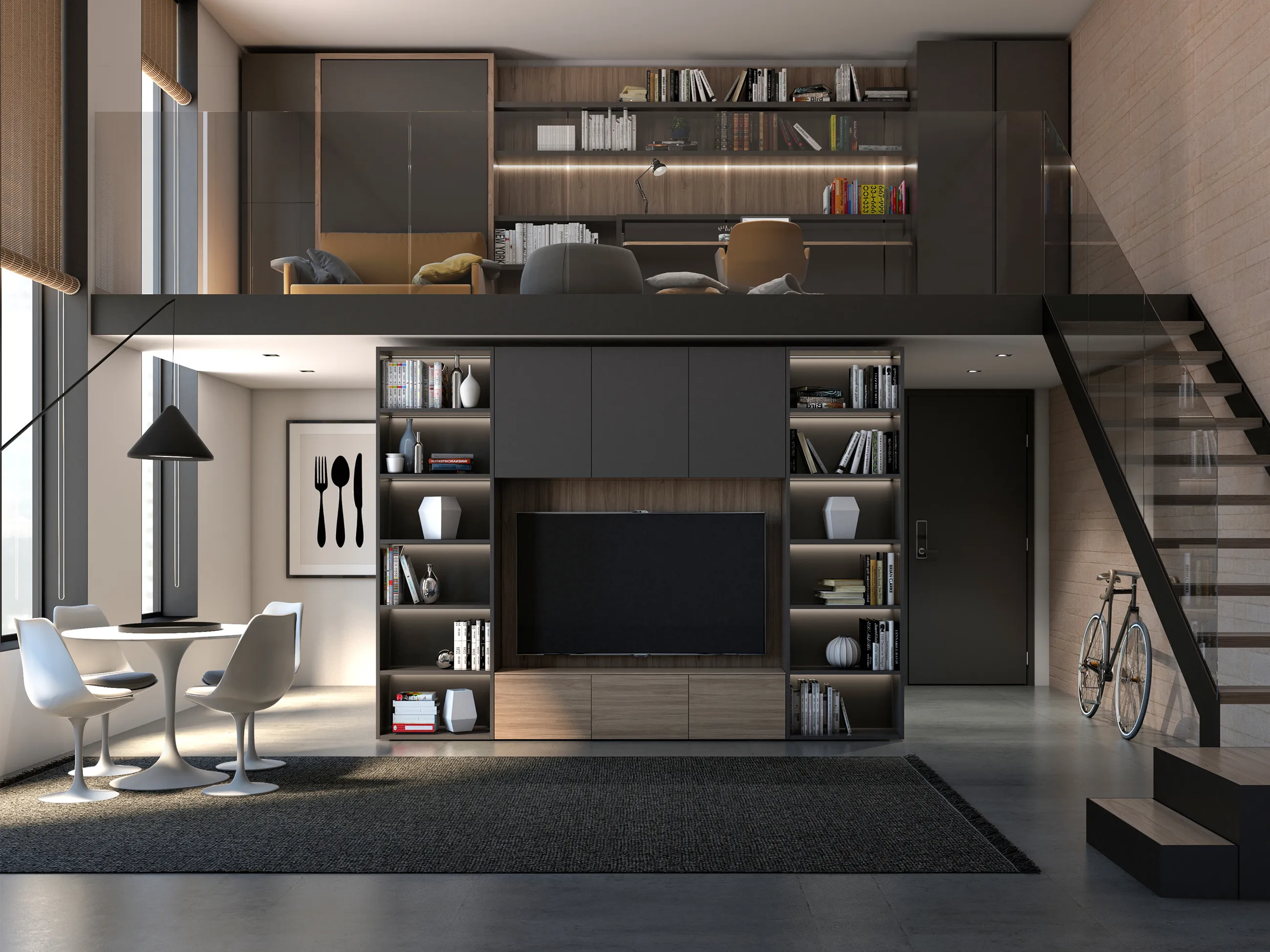 Transforming furniture in a multifunctional space — 57 m² loft apartment — The complete space