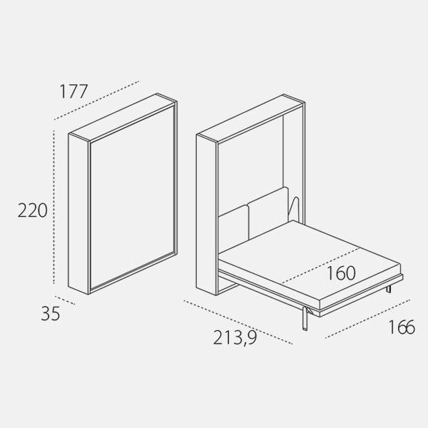 Penelope wall bed dimension drawing for a 160 cm mattress