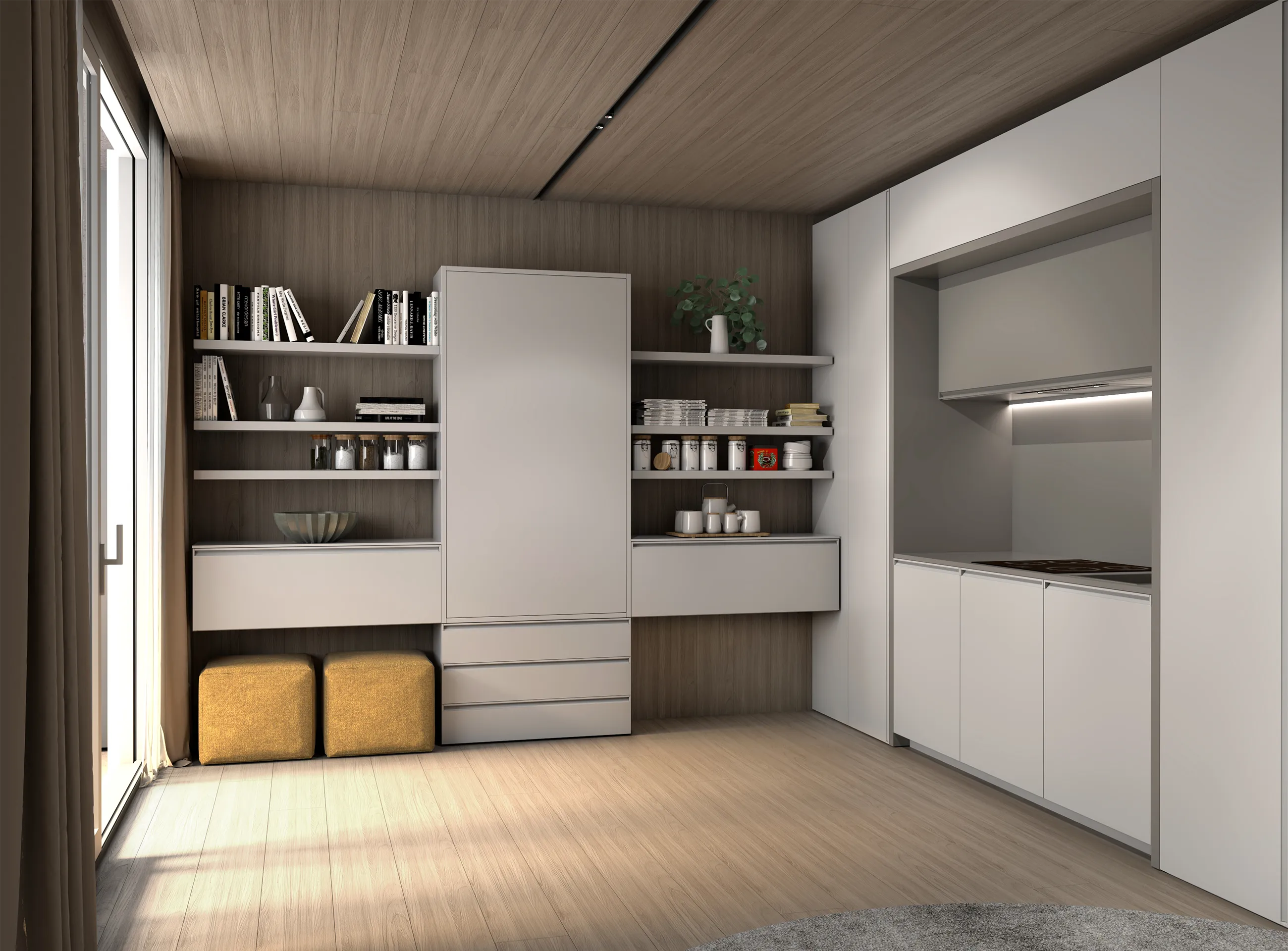 Transforming furniture in a multifunctional space — 25 m² studio with Minerva — Room view 04