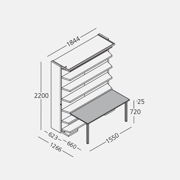 Dimension drawing of double wall bed LGM 2.0 Book Table — drawing 1