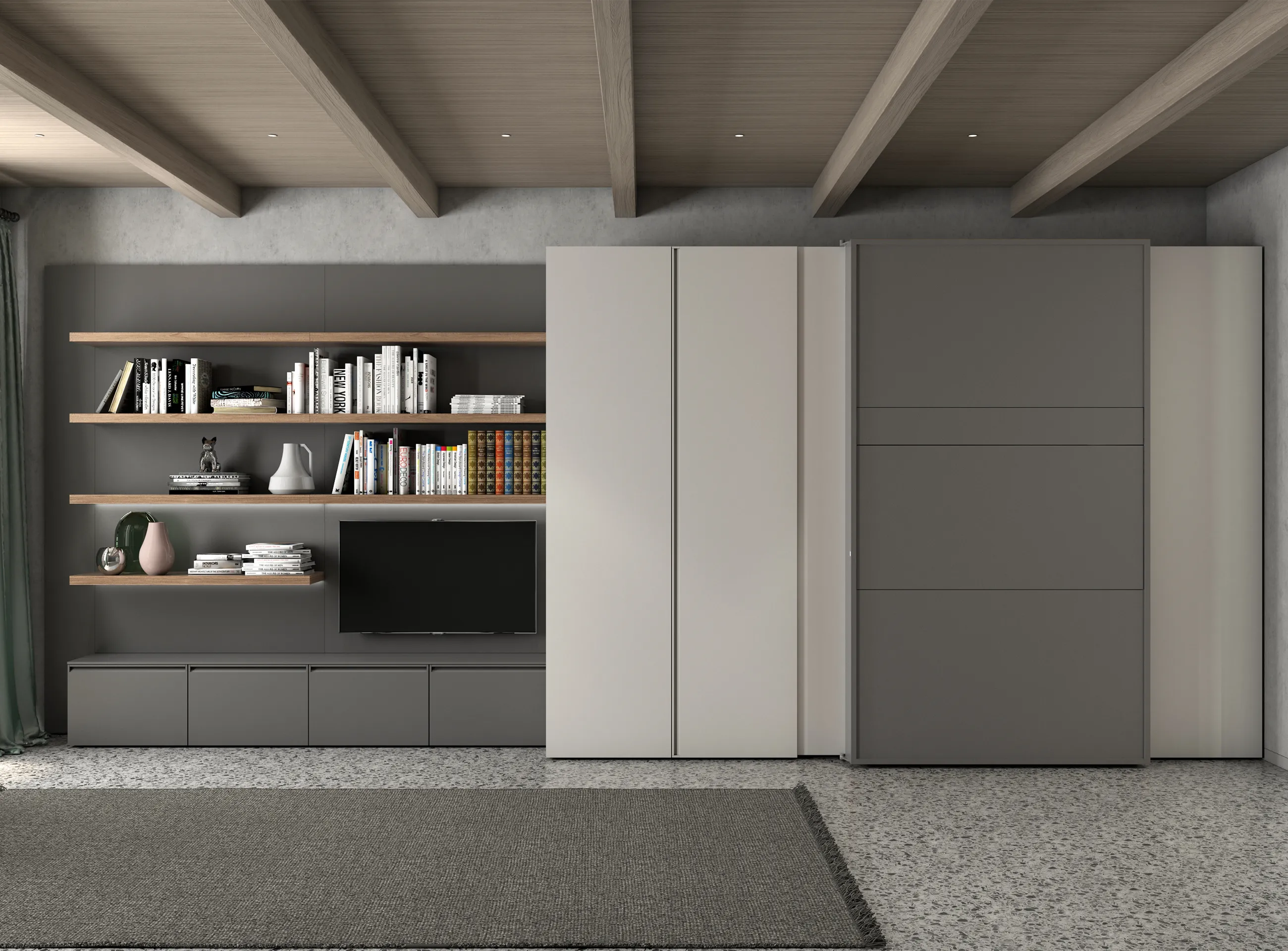 Transforming furniture in a multifunctional space — 25 m² studio with Ella & Louis — Room view 08