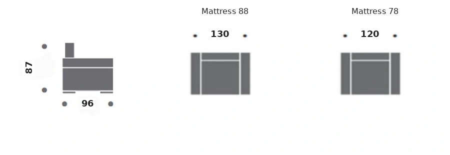 Dimension drawing of sofa bed Petit Galante — closed sofa, side view