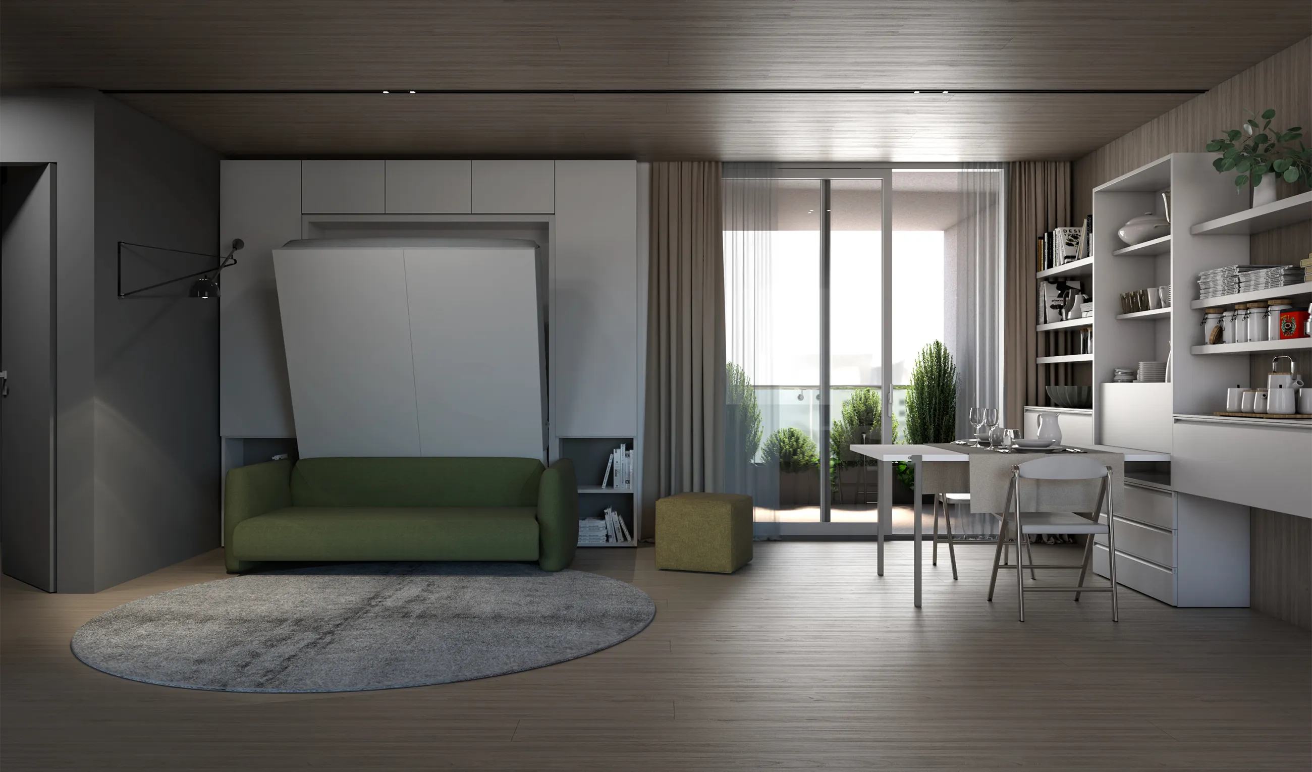 Transforming furniture in a multifunctional space — 25 m² studio with Minerva — Room view 02