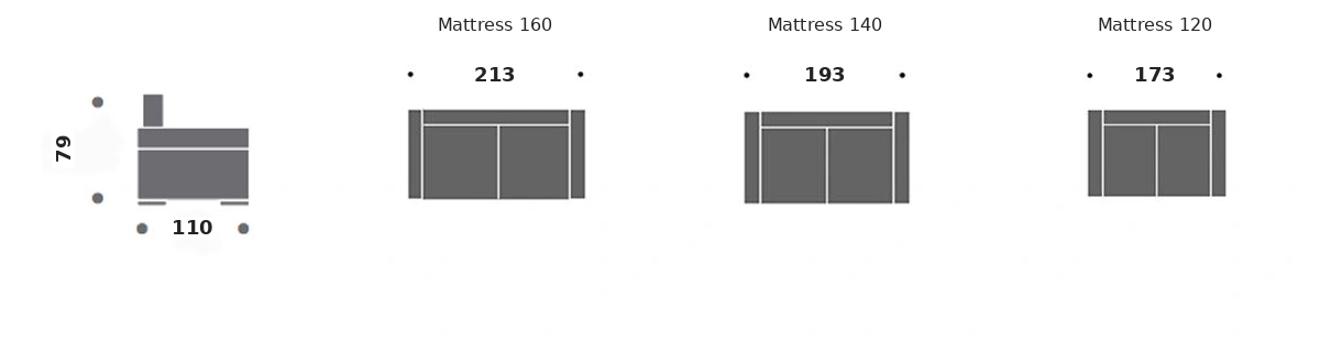 Dimension drawing of sofa bed Lilly — closed sofa, side view