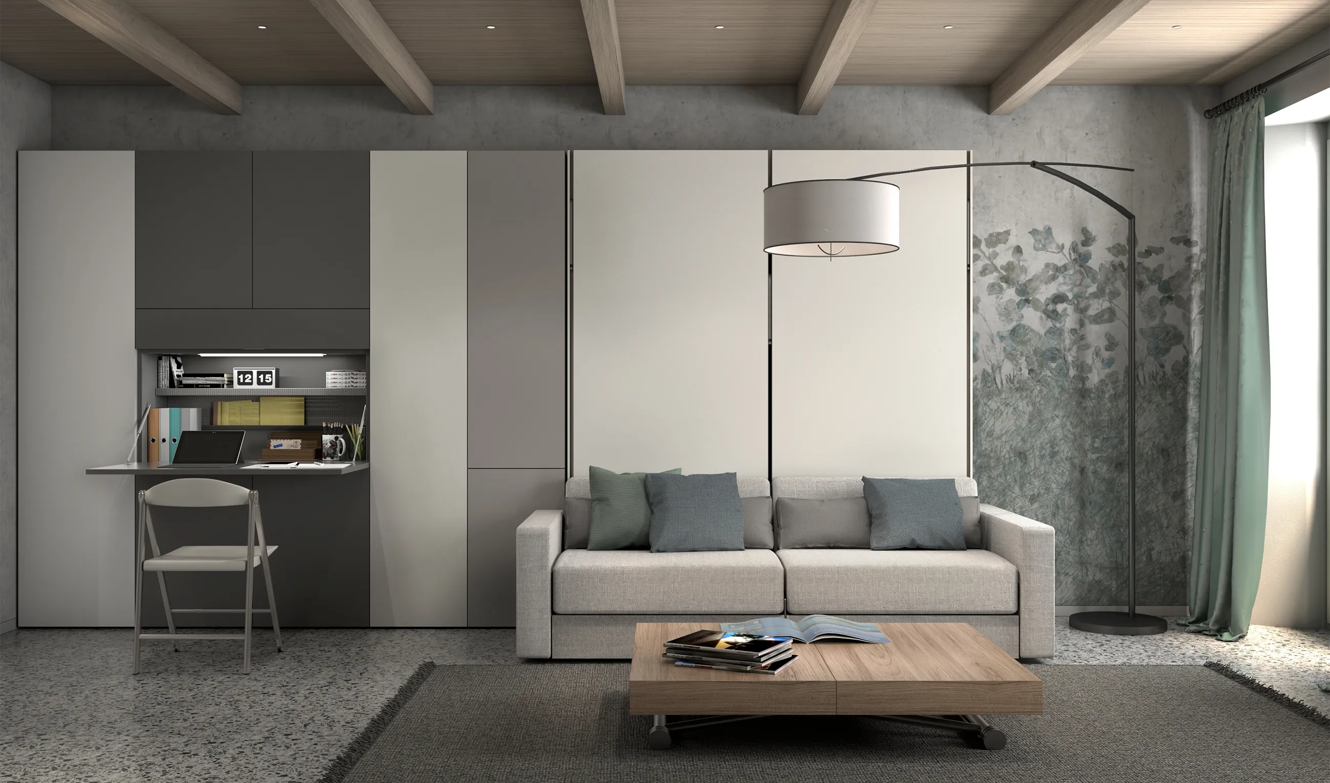 Transforming furniture in a multifunctional space — 25 m² studio with Ella & Louis — Room view 06