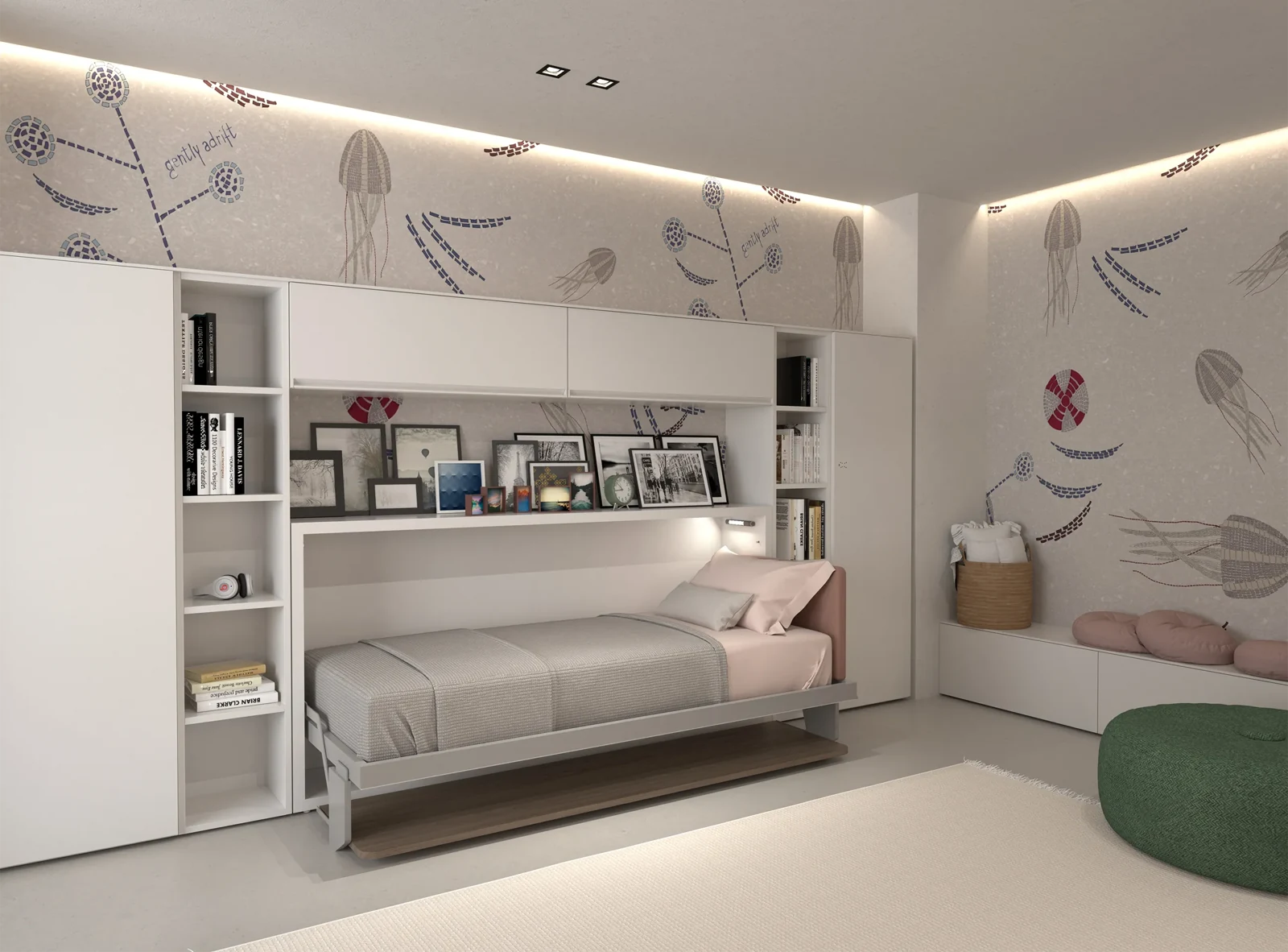 Room 01 · Space to study and rest — Kali Board 90 alternative, 150 cm high — bed open
