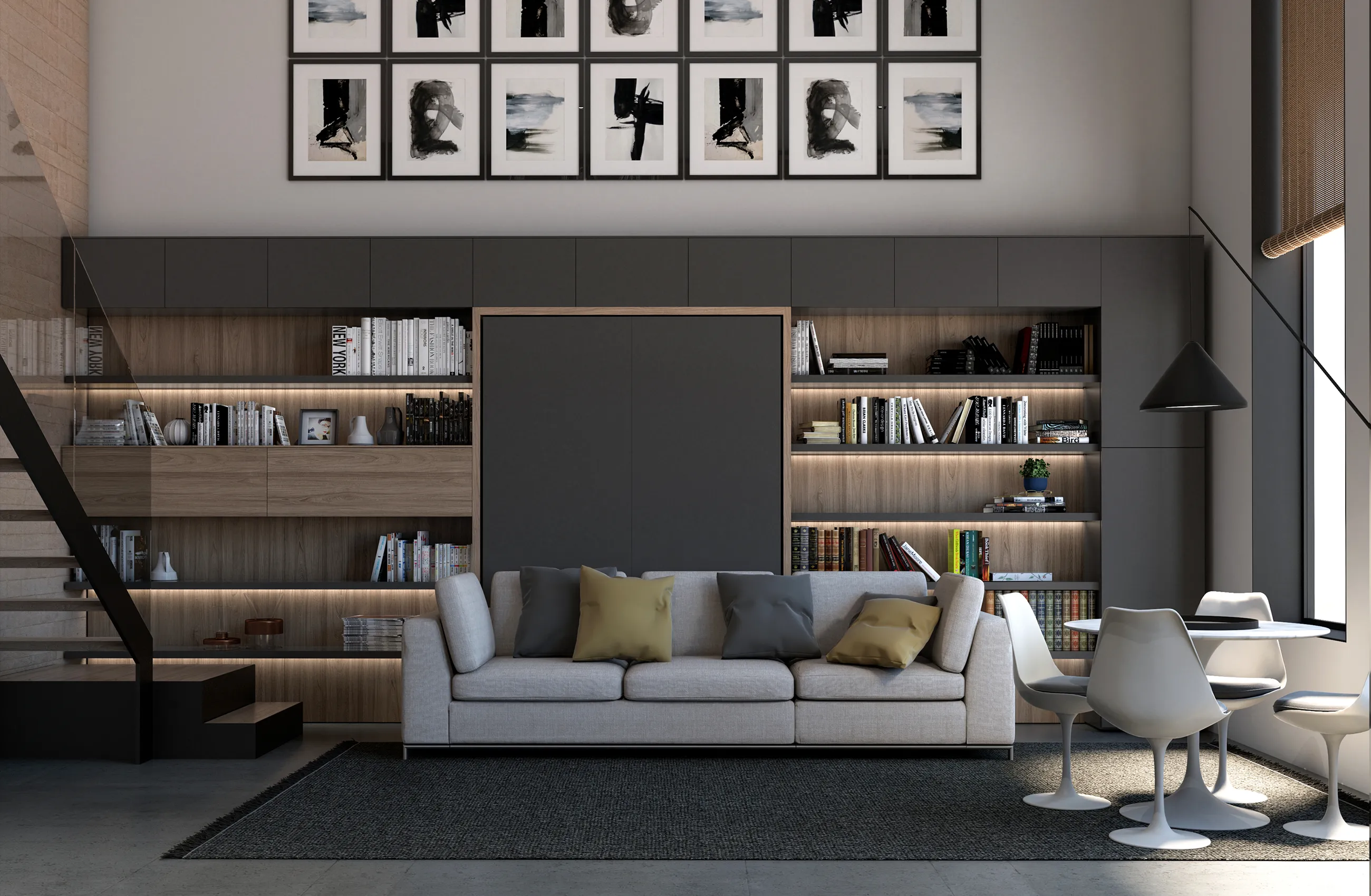 Transforming furniture in a multifunctional space — 57 m² loft apartment — Room view 03