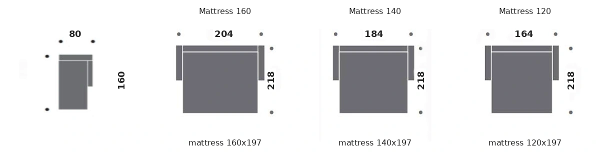 Dimension drawing of sofa bed Matisse — open bed