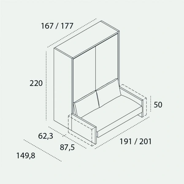 Dimension drawing of double wall bed Penelope 2 Sofa — drawing 3
