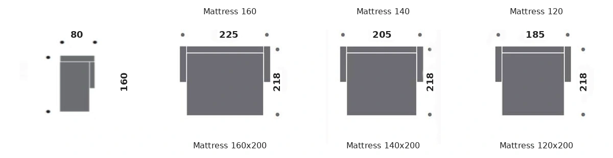 Dimension drawing of sofa bed Majestic — open bed