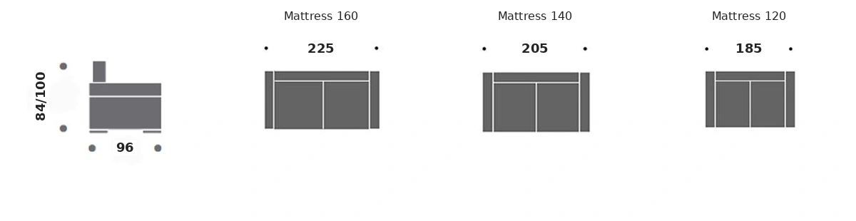 Dimension drawing of sofa bed Majestic — closed sofa, side view