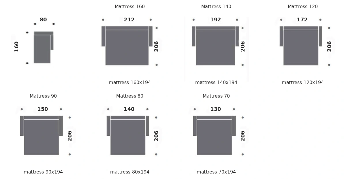 Dimension drawing of sofa bed Confort — open bed