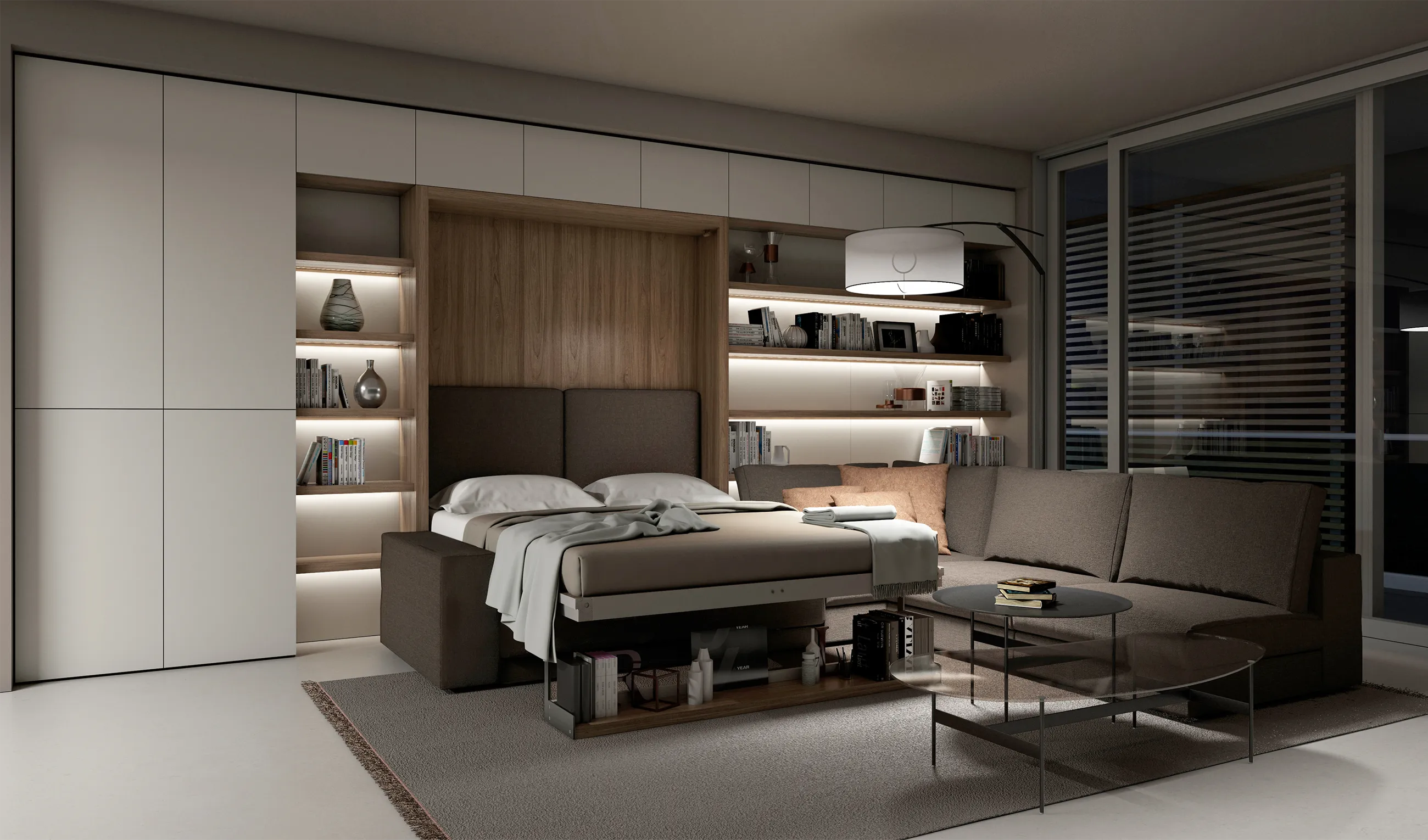Transforming furniture in a multifunctional space — 50 m² family apartment — Room view 03