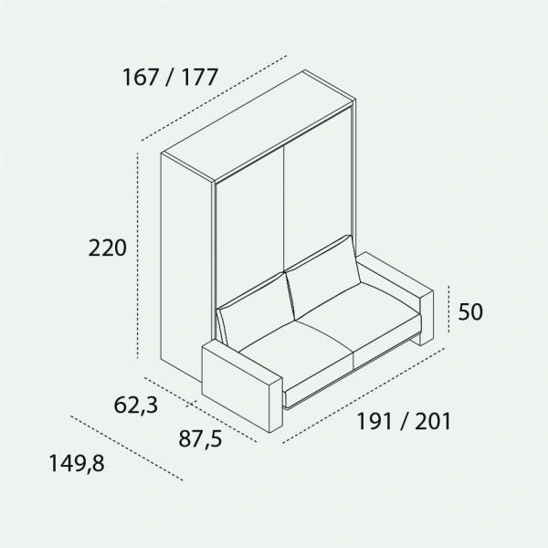 Dimension drawing of double wall bed Penelope 2 Sofa — drawing 7