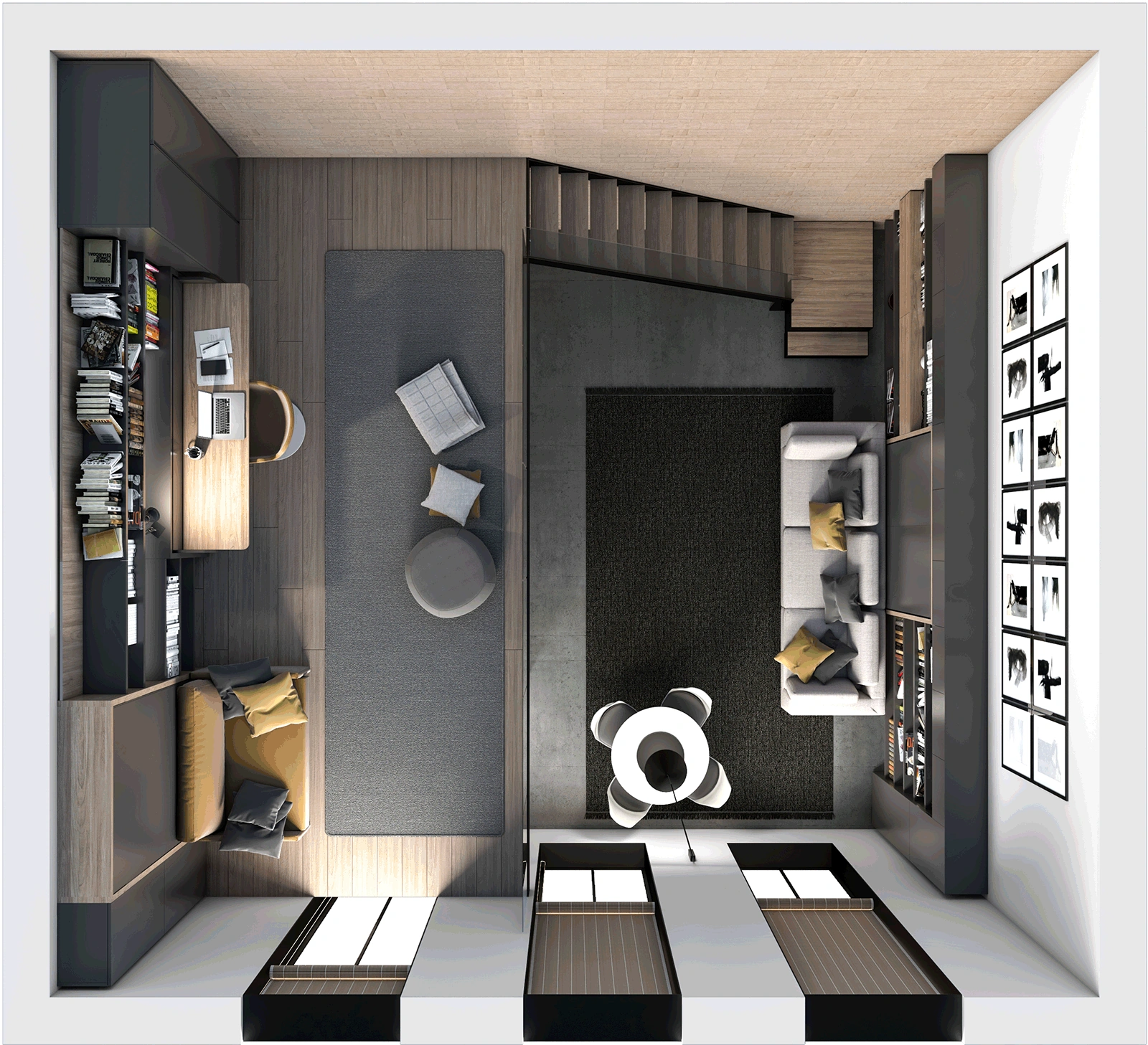 Room plan — 57 m² loft apartment — Day mode