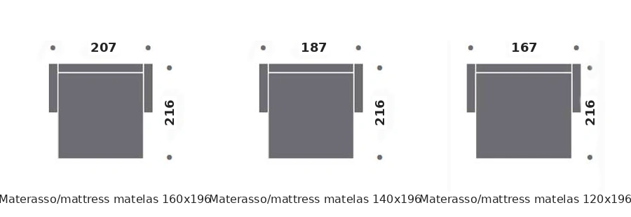 Dimension drawing of sofa bed Cannes — open bed